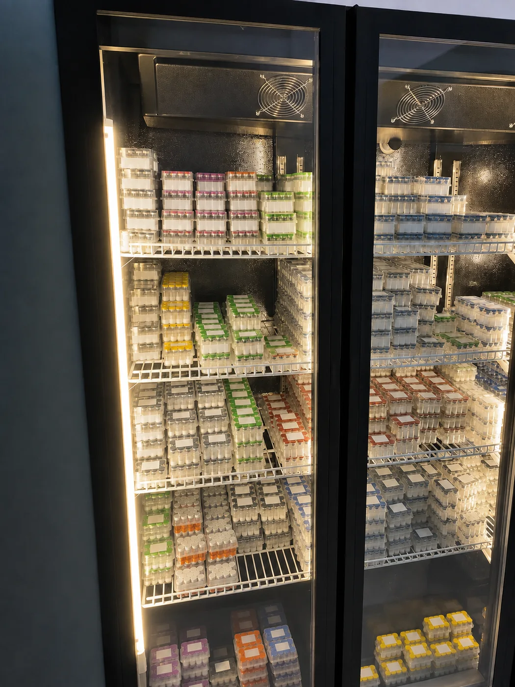 Sanitised supplier-visit photograph showing closed ten-vial cases held in commercial refrigeration